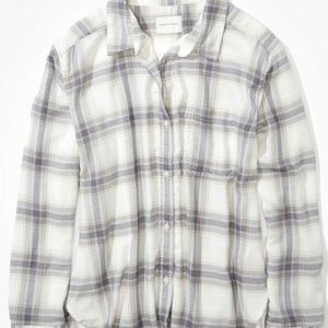 AE White/Gray Boyfriend Fit Plaid Flannel